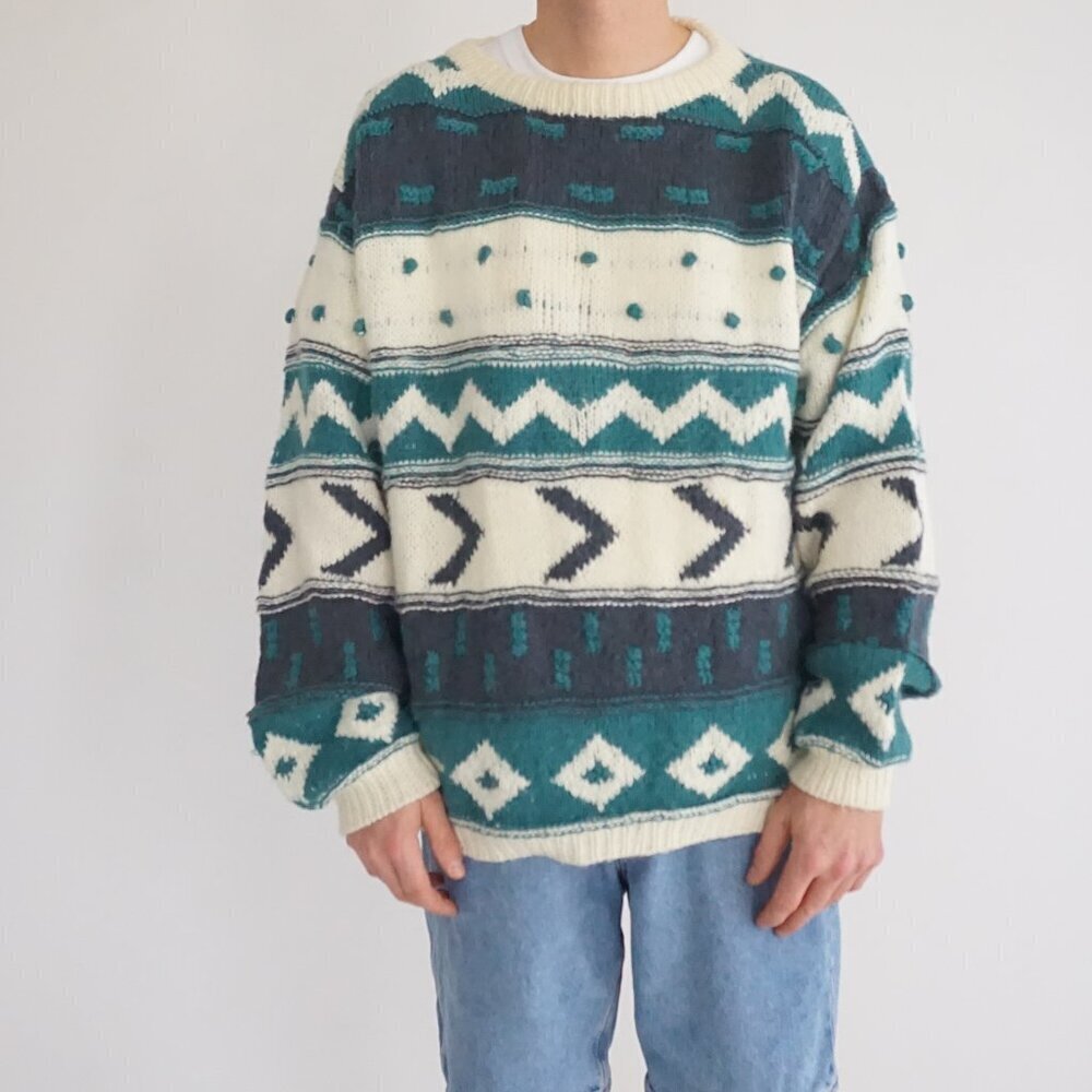 Vintage Bronzini Cream Teal Knit Sweater Geo Pattern Retro Cabincore Eclectic L